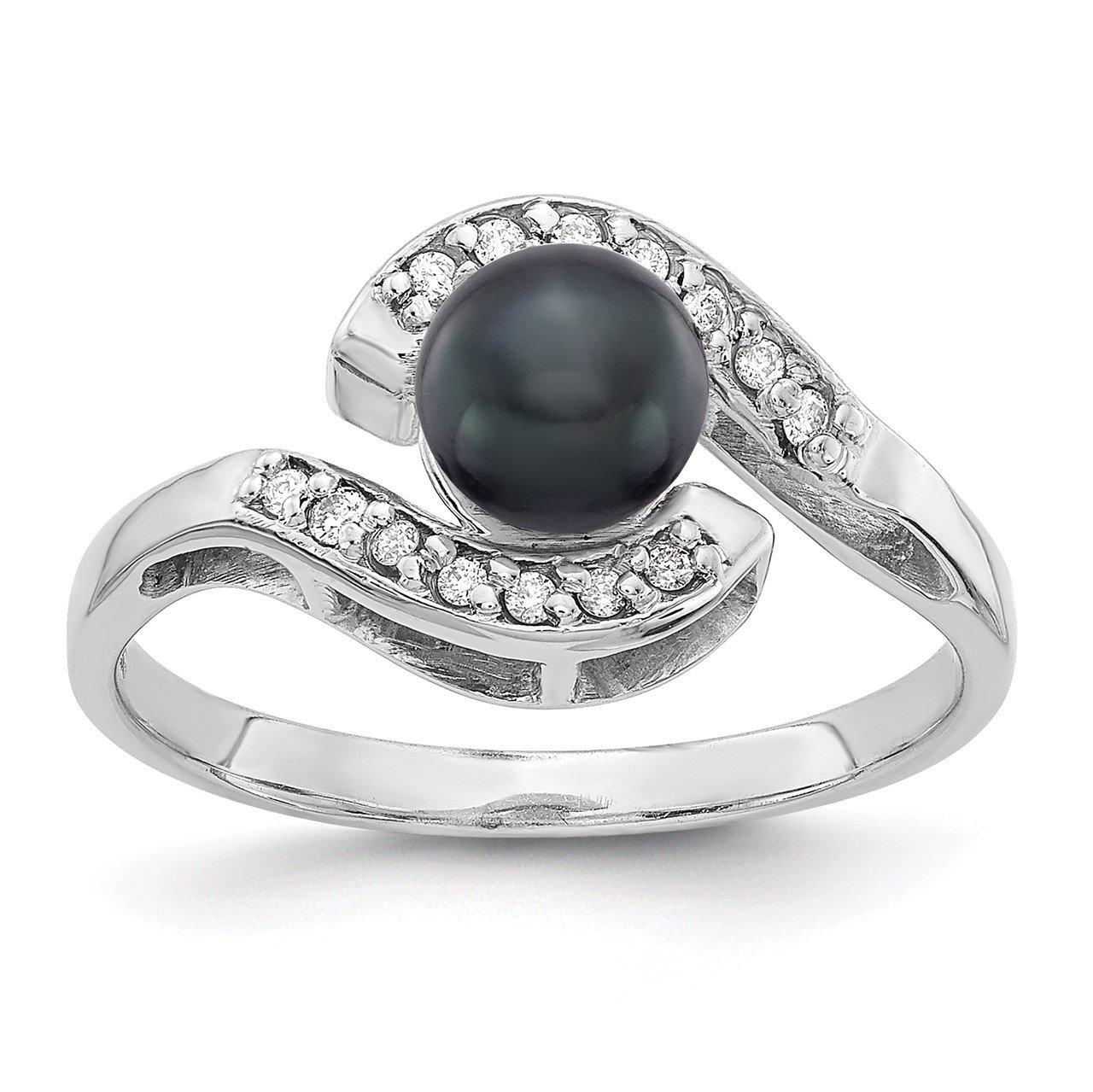 14k White Gold 5.5mm Black FW Cultured Pearl AA Diamond ring