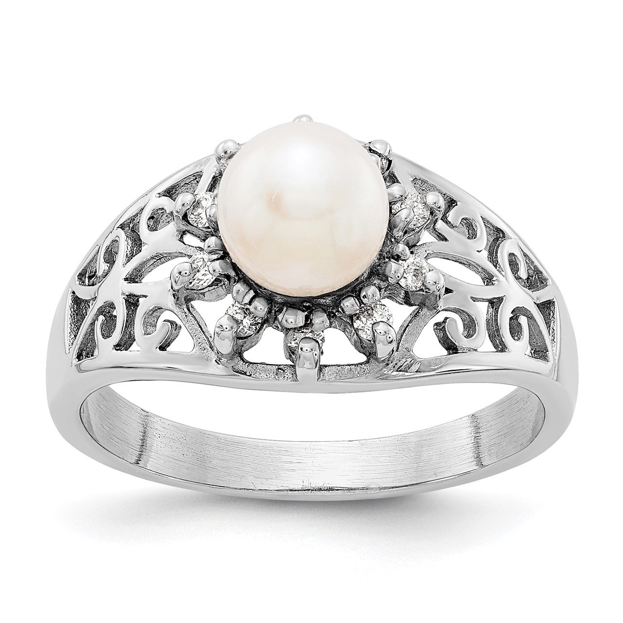 14k White Gold 6mm FW Cultured Pearl VS Diamond ring