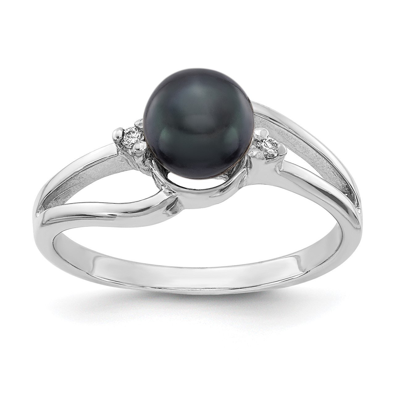 14k White Gold 6mm Black FW Cultured Pearl AA Diamond ring