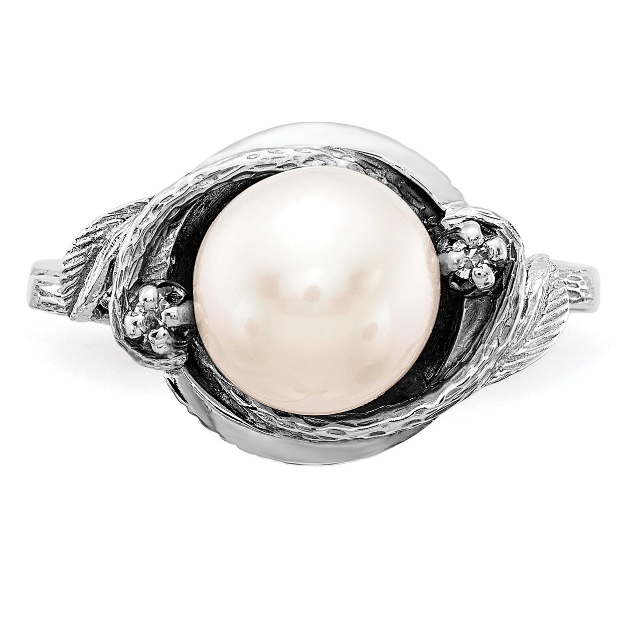 14k White Gold 7.5mm FW Cultured Pearl AA Diamond ring-3